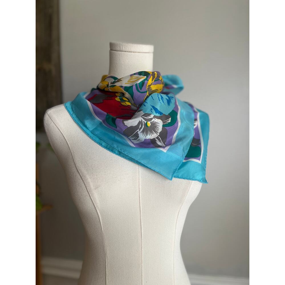 Vintage 90s Floral Square Silk Scarf Tropical Mediterranean Caribbean Neck Head
